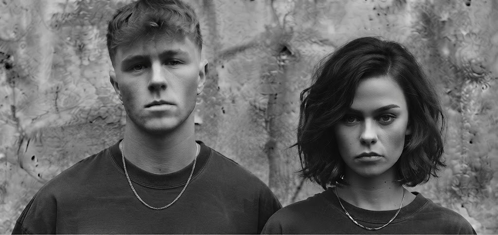 Two people in Hagers oversized tees against a textured wall